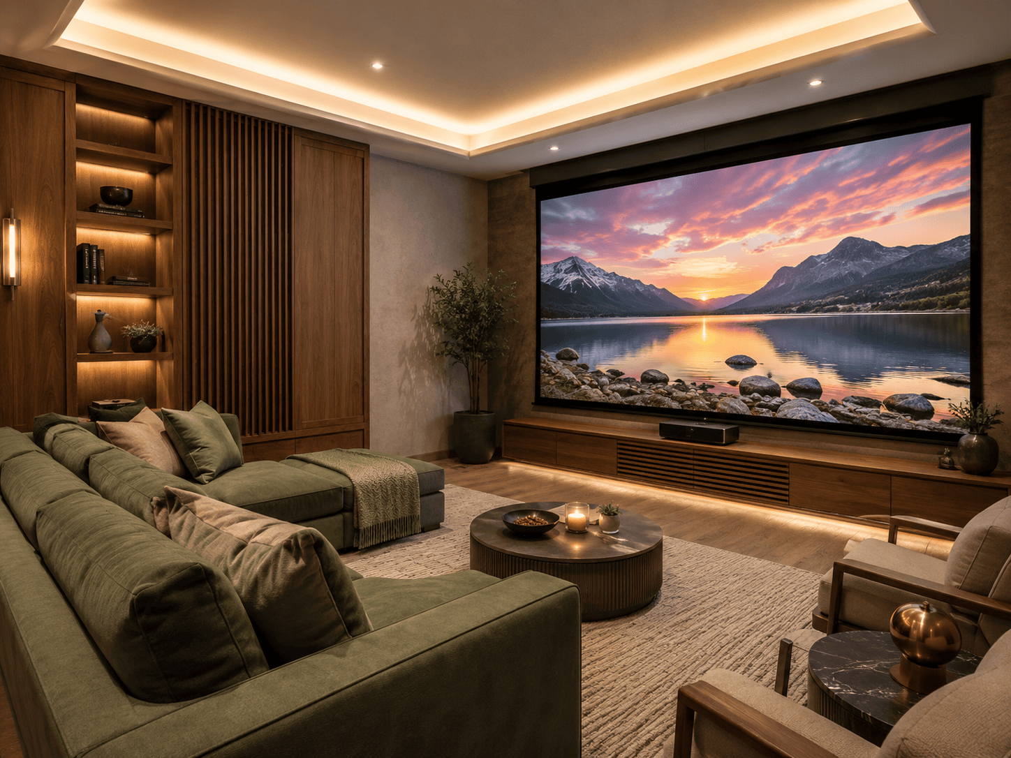 Large-format 4K laser projection in a Marbella home cinema