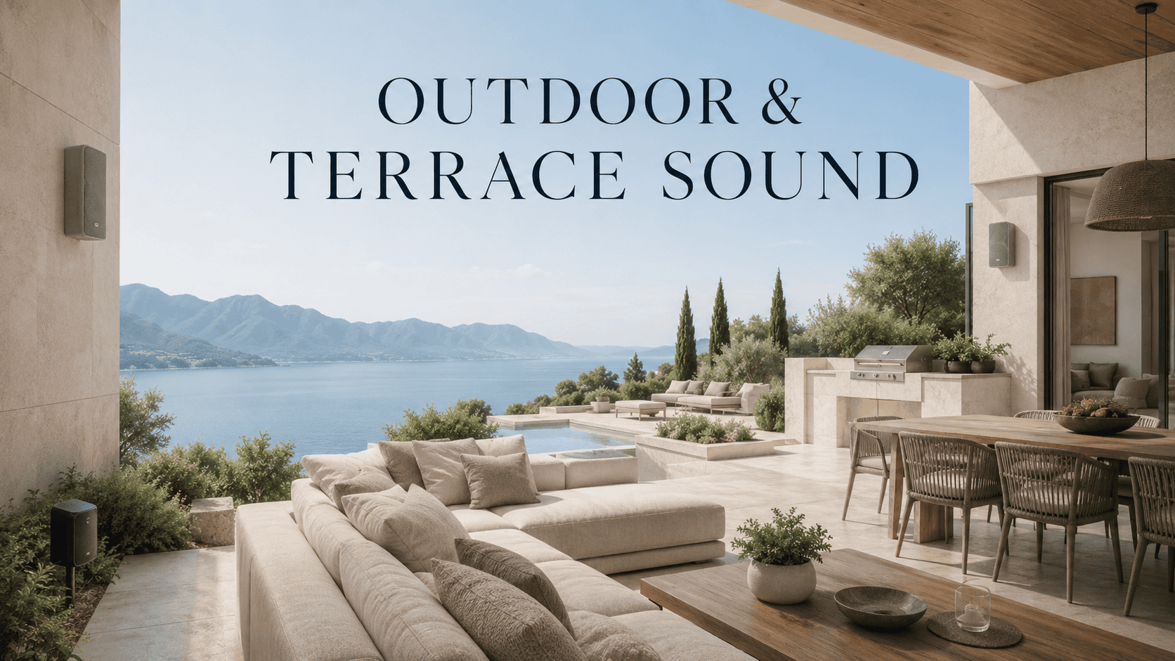 Outdoor sound system installed beside a luxury pool
