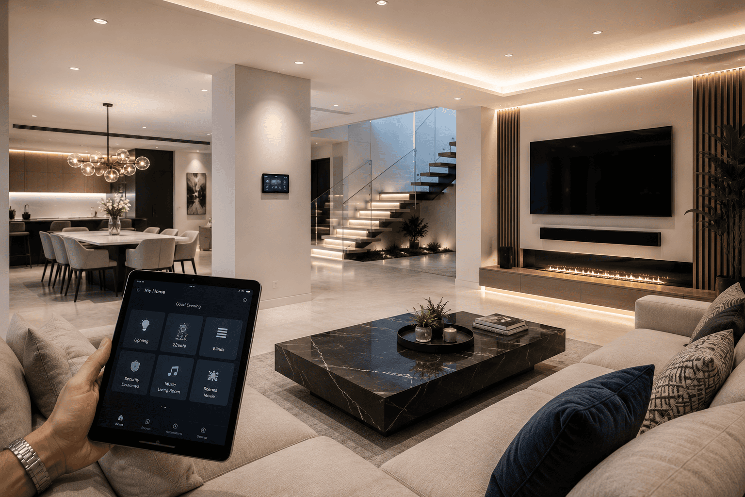 Smart home automation controlling lighting, climate and entertainment in a Marbella villa