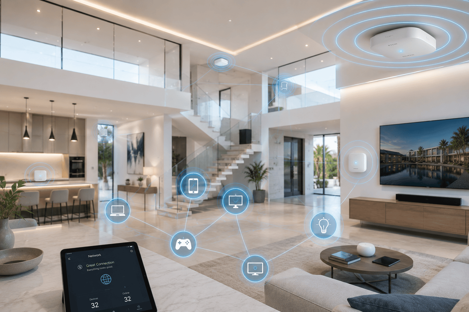 Professionally connected luxury villa with multiple WiFi access points and networked devices