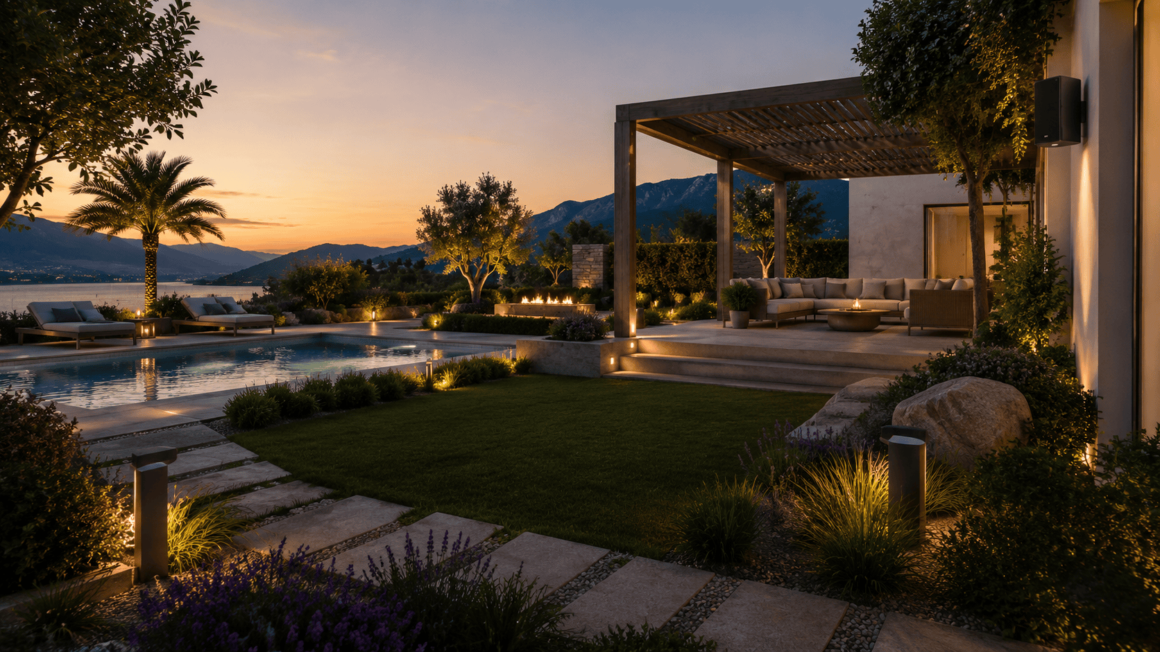 Outdoor audio system beside a luxury Marbella terrace and pool