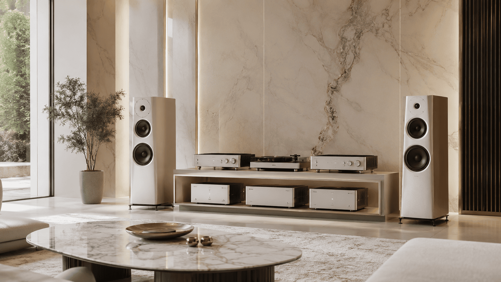 Premium amplifiers, speakers and audio equipment in a luxury interior
